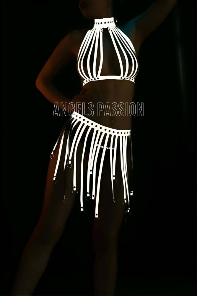 Reflective Sexy Skirt Bustier Set with Tassels - 4