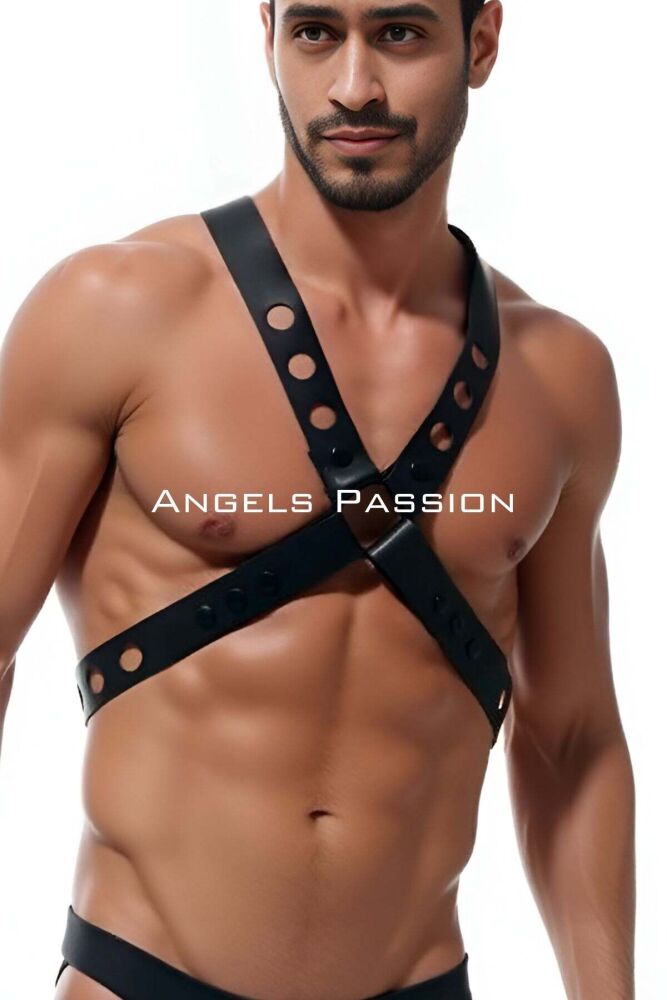 Round Detailed X Harness - Stylish Mens Chest Harness, Leather Harness Men - 1