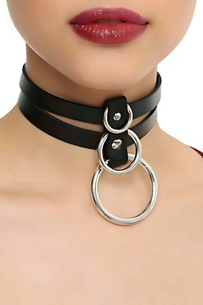 Sexy Fetish Leather Collar with 3 Rings - 1