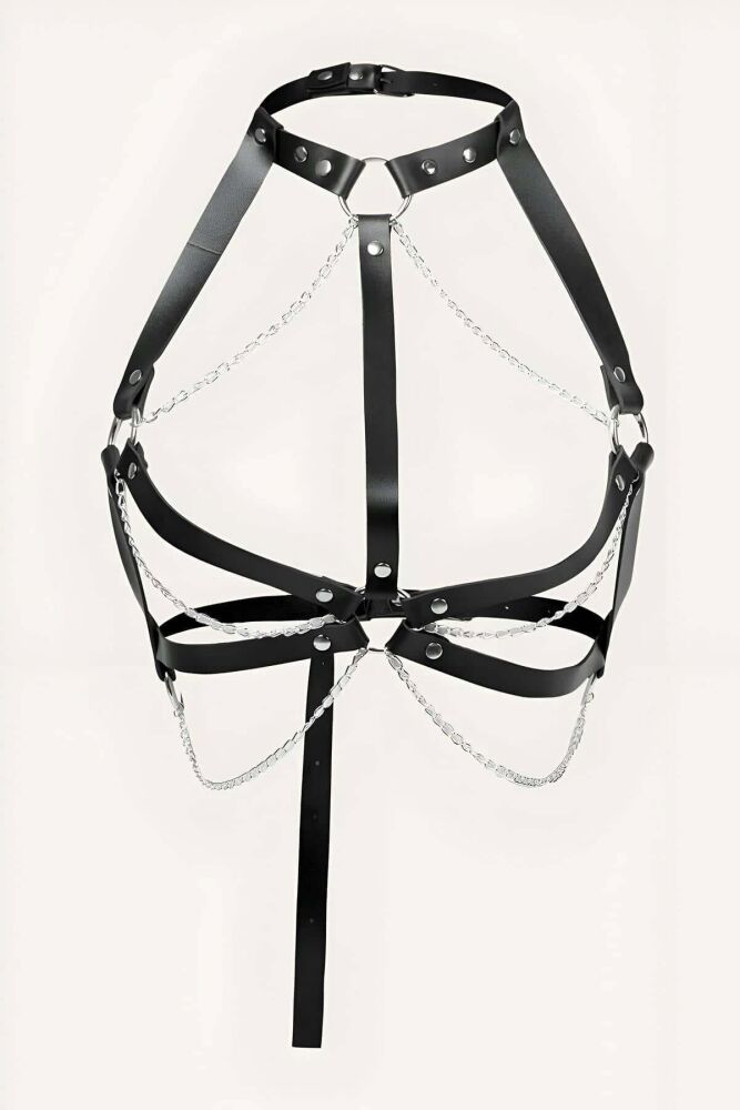 Sexy Leather Chest Harness with Chain Detail - 2