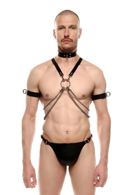 Sexy Men's Leather Harness with Leash and Armbands - 1