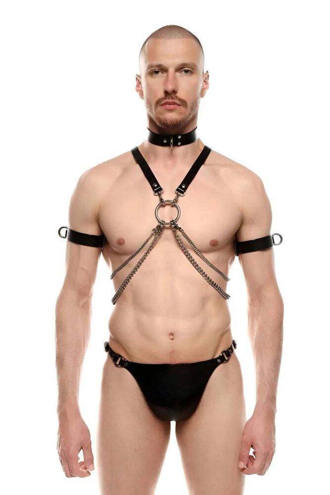 Sexy Men's Leather Harness with Leash and Armbands - 1