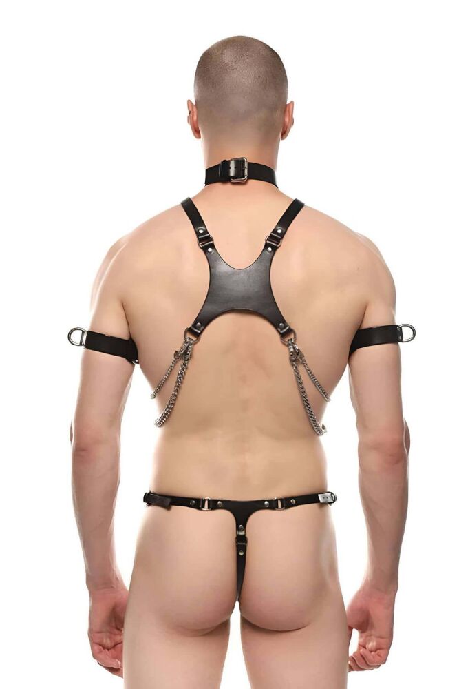 Sexy Men's Leather Harness with Leash and Armbands - 2