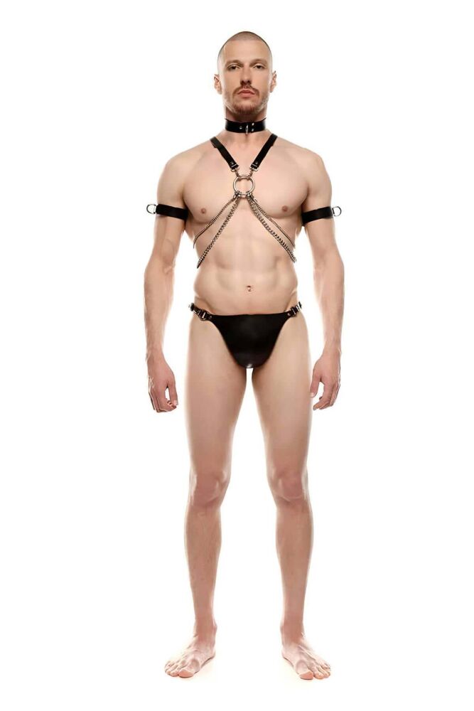 Sexy Men's Leather Harness with Leash and Armbands - 3