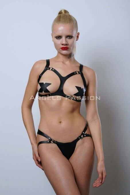 Sexy Open Breasts Leather Bra and Harness Set for Fancy Wear - 3
