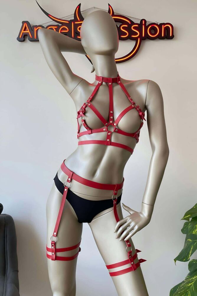 Sexy Red Leather Fantasy Harness Outfit - 2