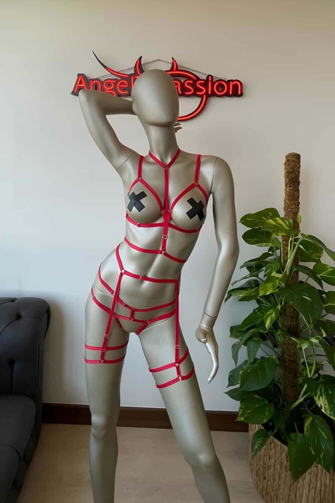 Sexy Red Rubber Body Harness Set - 6