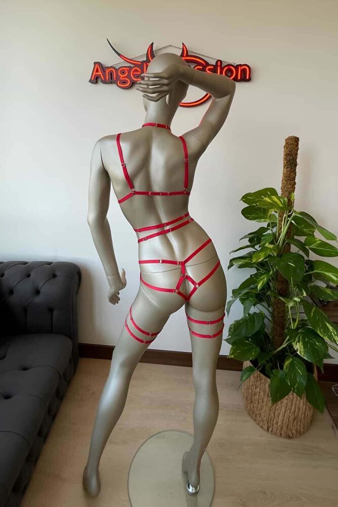 Sexy Red Rubber Body Harness Set - 7