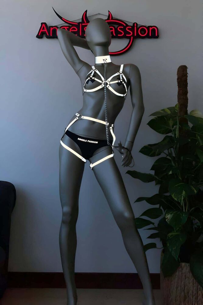 Sexy White Reflective Harness Set with Collar - 5