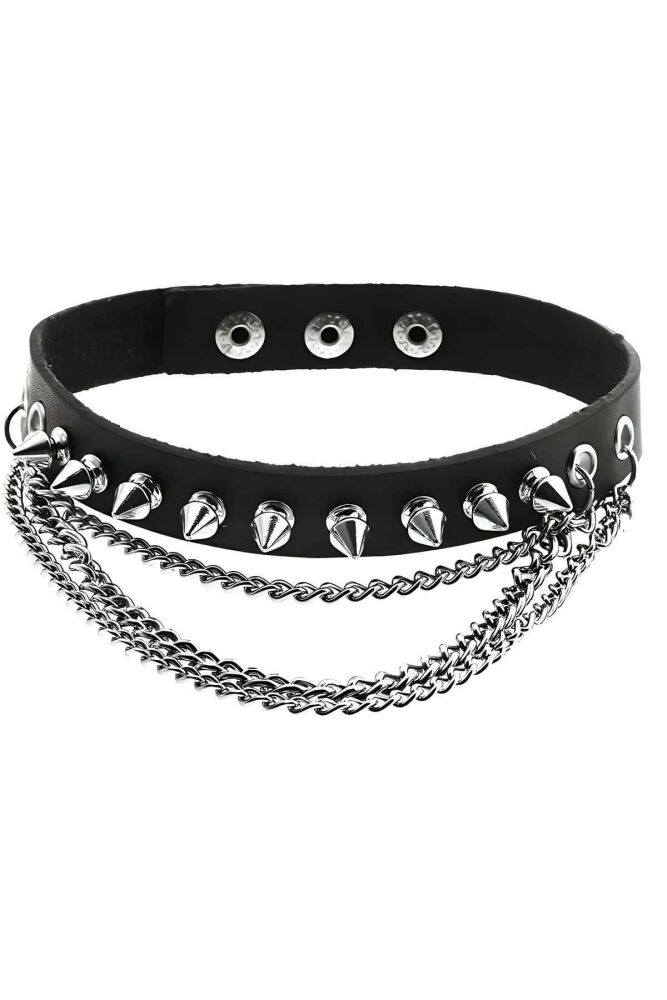 Spiked Leather Choker with Nail and Chain Detail - 3