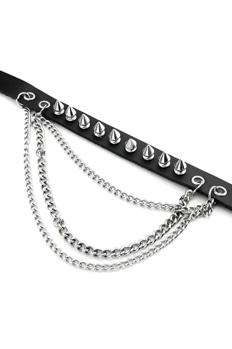 Spiked Leather Choker with Nail and Chain Detail - 4