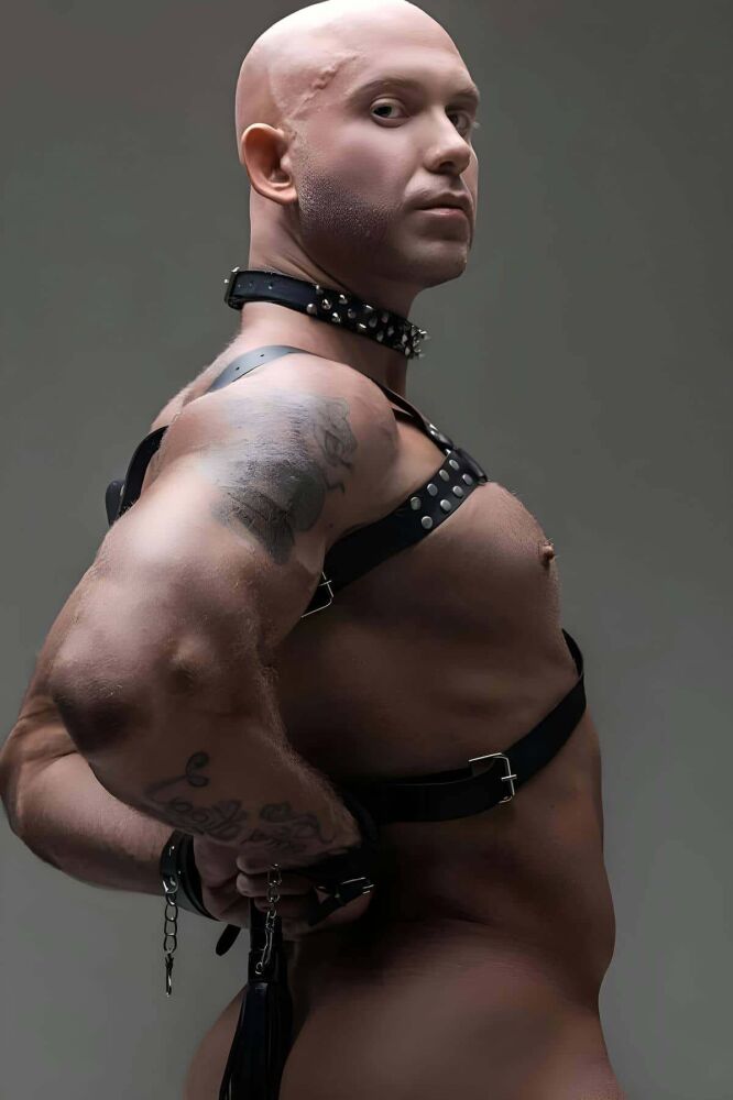 Spiked Leather Harness Set, Men's Fancy Clothing Accessory - 3