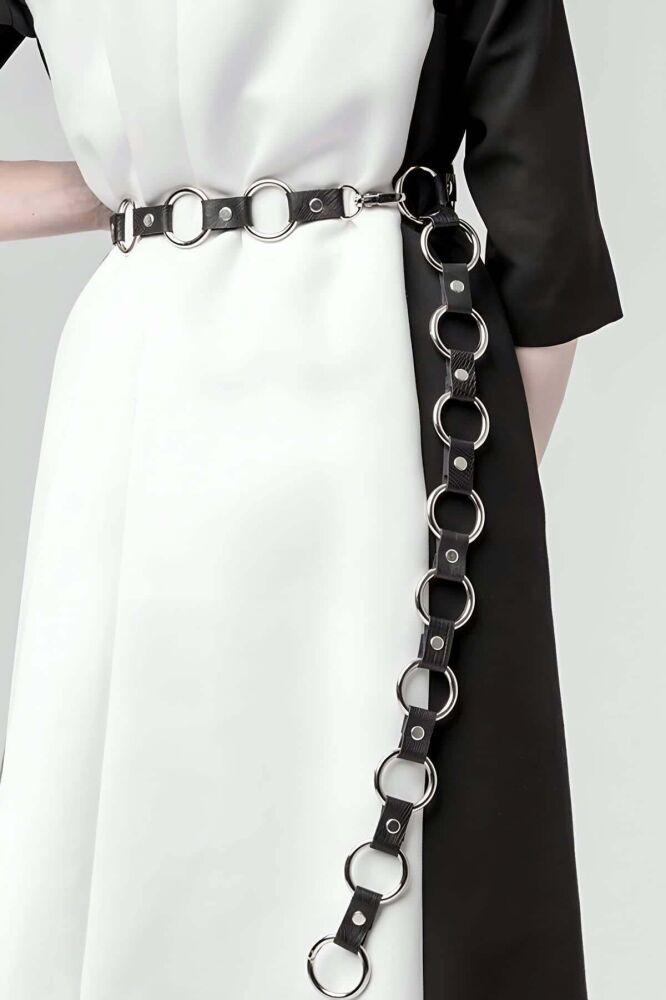 Stylish Leather Belt with Ring Accents - 1