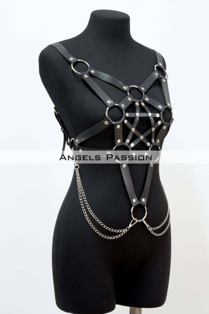 Stylish Leather Breast Harness with Chain Detail, Bustier Harness, Leather Breast Harness - 2