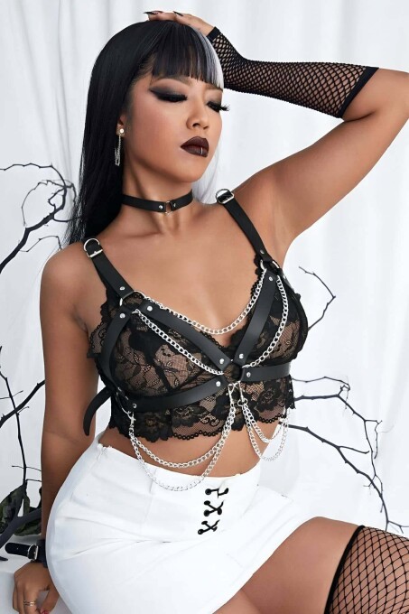 Stylish Leather Chest Collar and Bracelet Harness Suit - 1