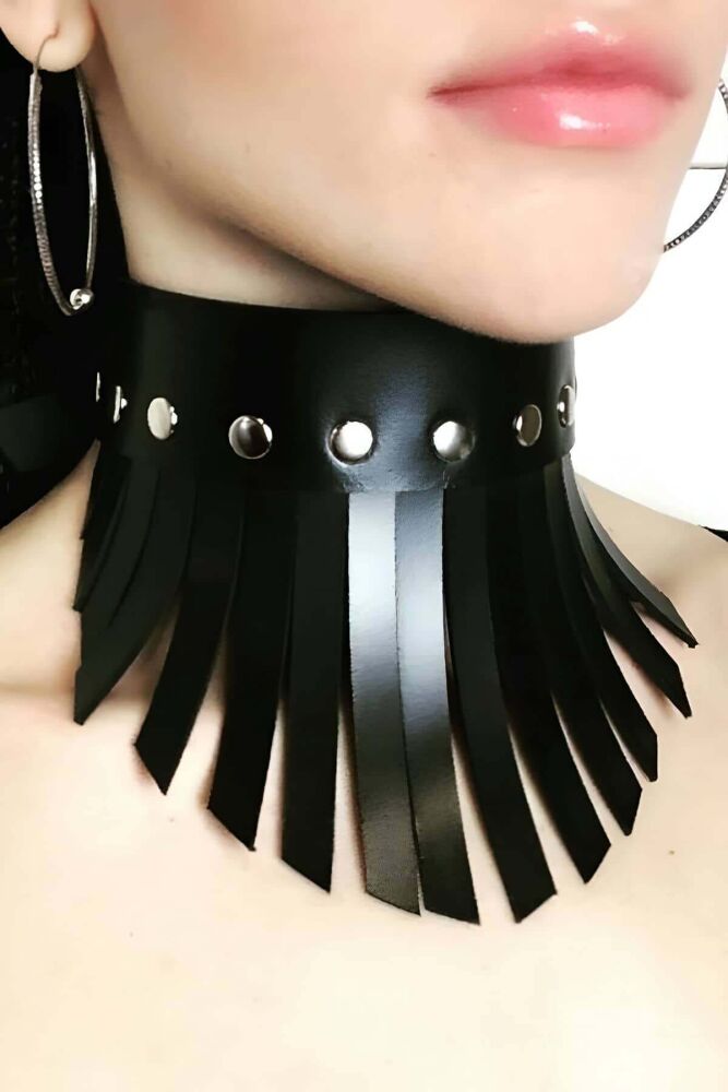 Stylish Leather Choker with Tassels - 1