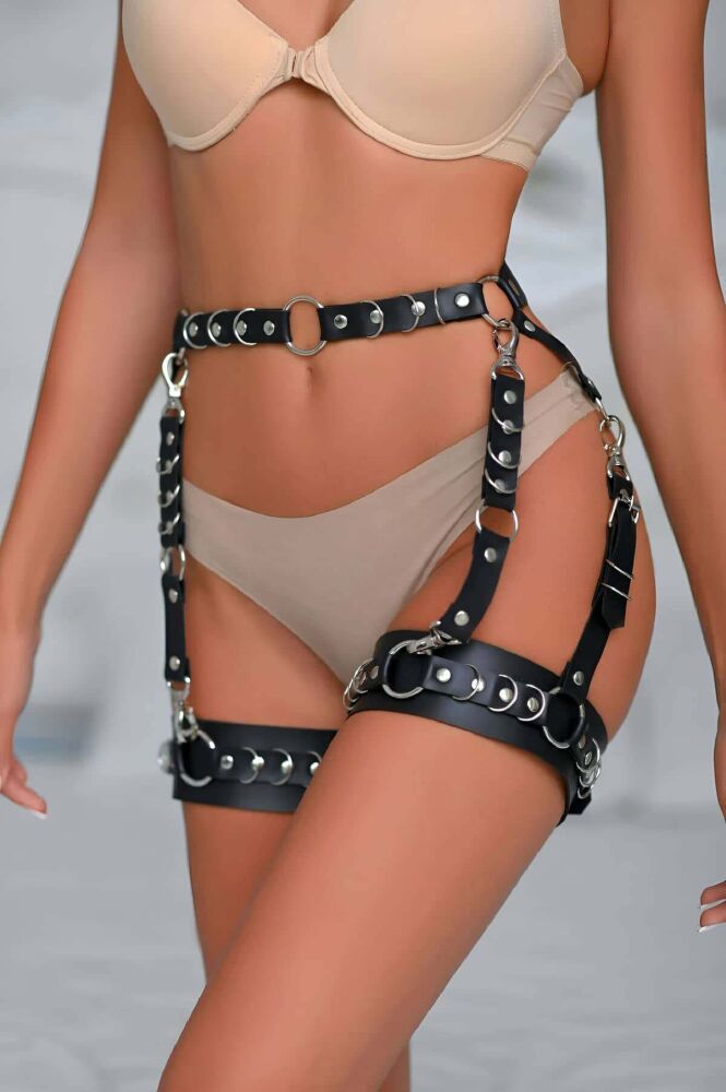 Stylish Leather Garter Harness with Ring Detail, Sexy Garter Belt - 1