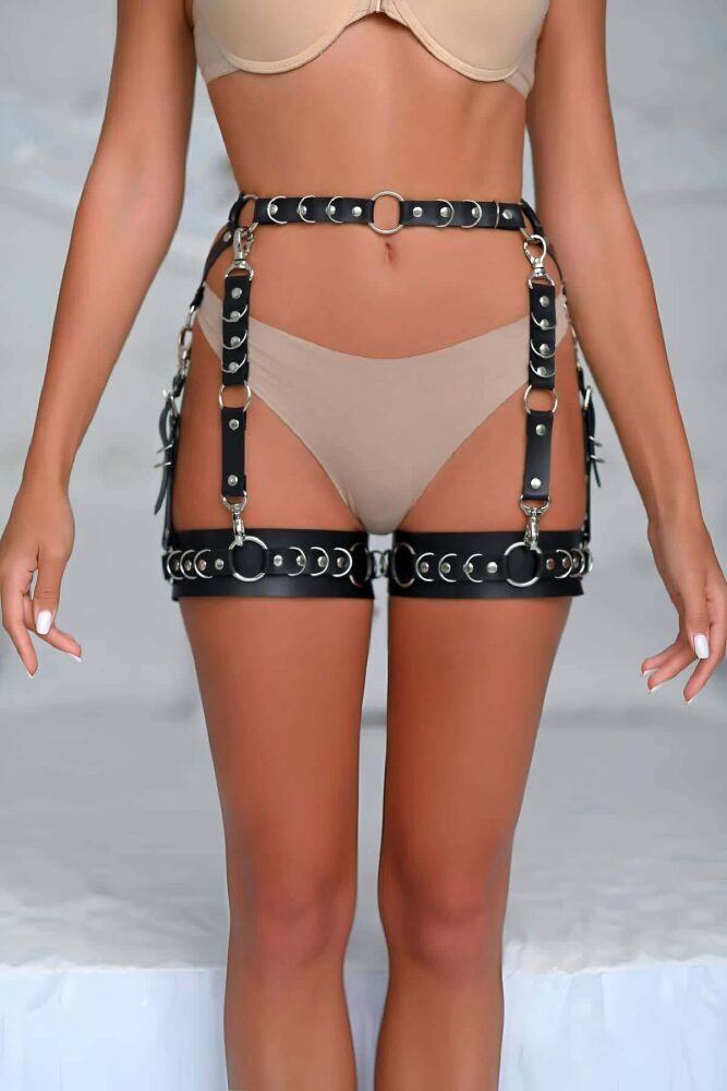 Stylish Leather Garter Harness with Ring Detail, Sexy Garter Belt - 3