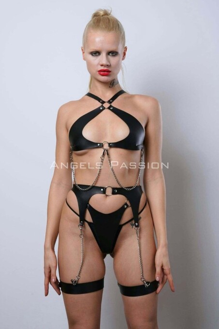 Stylish Leather Harness Lingerie Set for Club Wear - 5