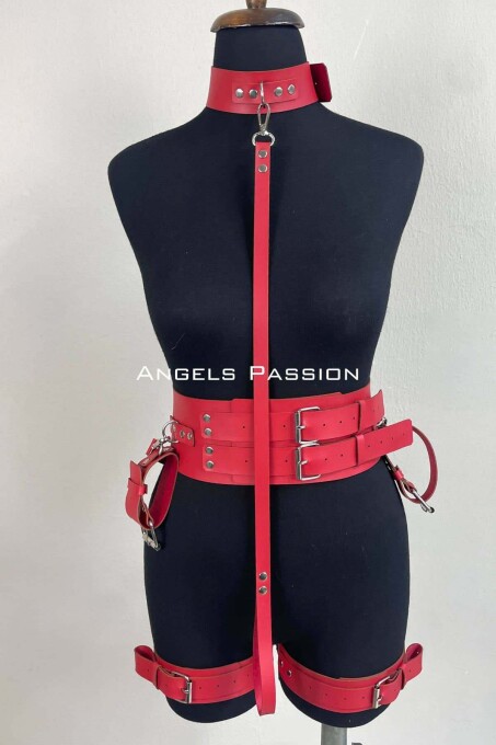 Stylish Leather Harness Suit with Cuffs, Women's Fancy Wear, Bdsm Set - 1