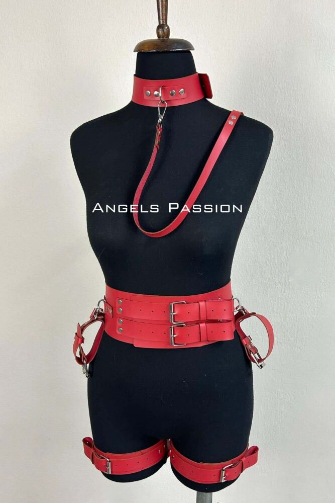 Stylish Leather Harness Suit with Cuffs, Women's Fancy Wear, Bdsm Set - 2