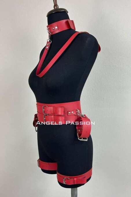 Stylish Leather Harness Suit with Cuffs, Women's Fancy Wear, Bdsm Set - 3