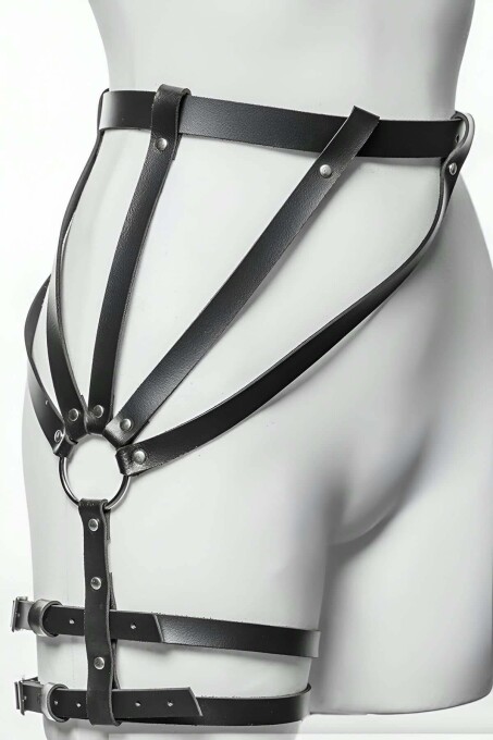 Stylish Leather Leg Harness Over Tights - 2