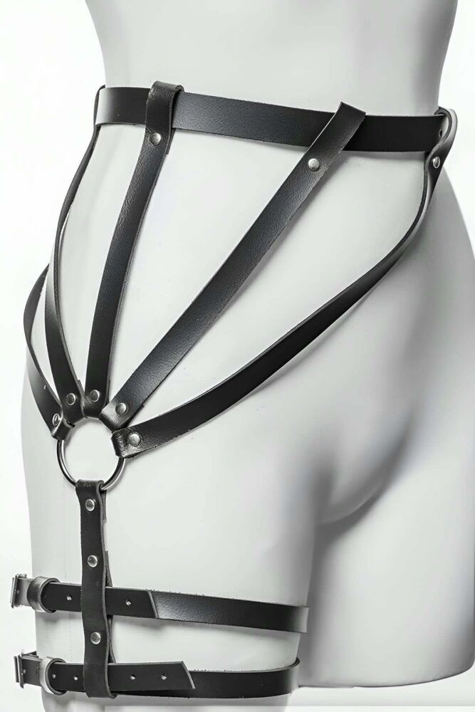 Stylish Leather Leg Harness Over Tights - 2