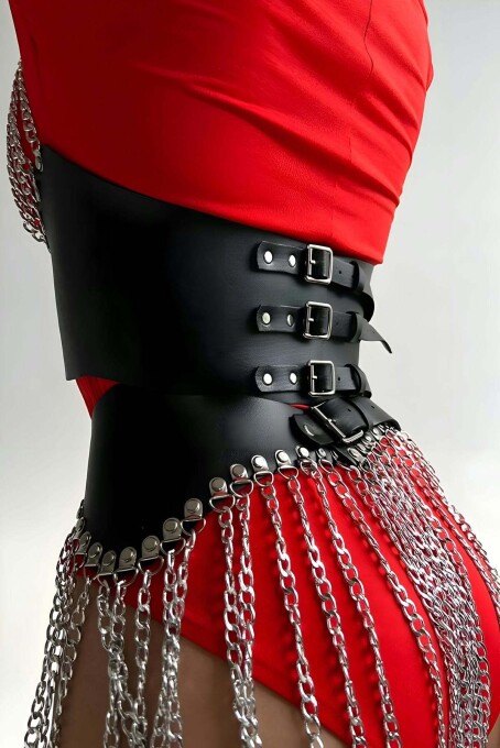 Stylish Leather Skirt and Bustier Set with Chains - 4