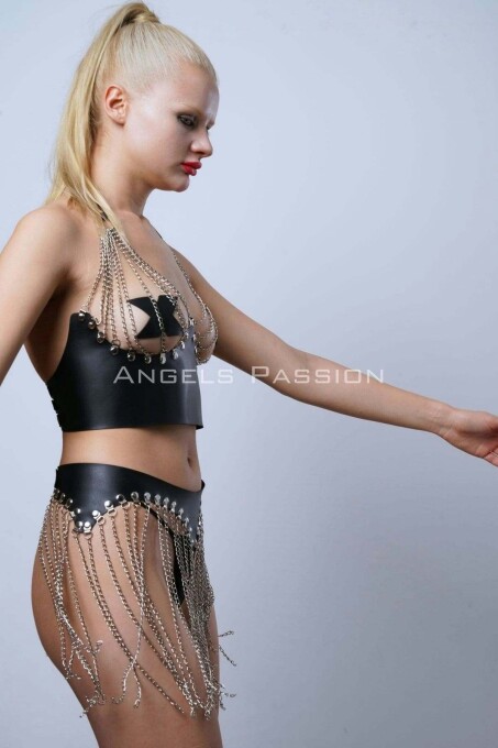 Stylish Leather Skirt and Chained Bustier Set for Fashion - 6