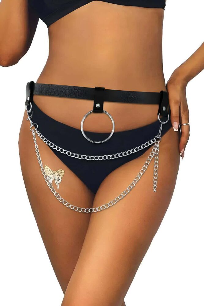 Stylish Leather Waist Harness with Chain Detail - 1