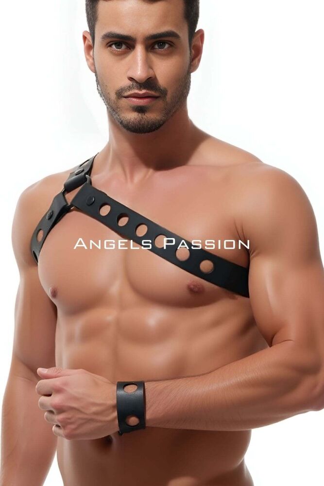 Stylish Men's Shoulder Harness with Round Hole Detail, Leather Shoulder Harness - 1