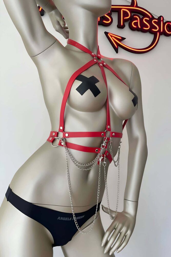 Stylish Red Leather Harness with Chain Detail - 1