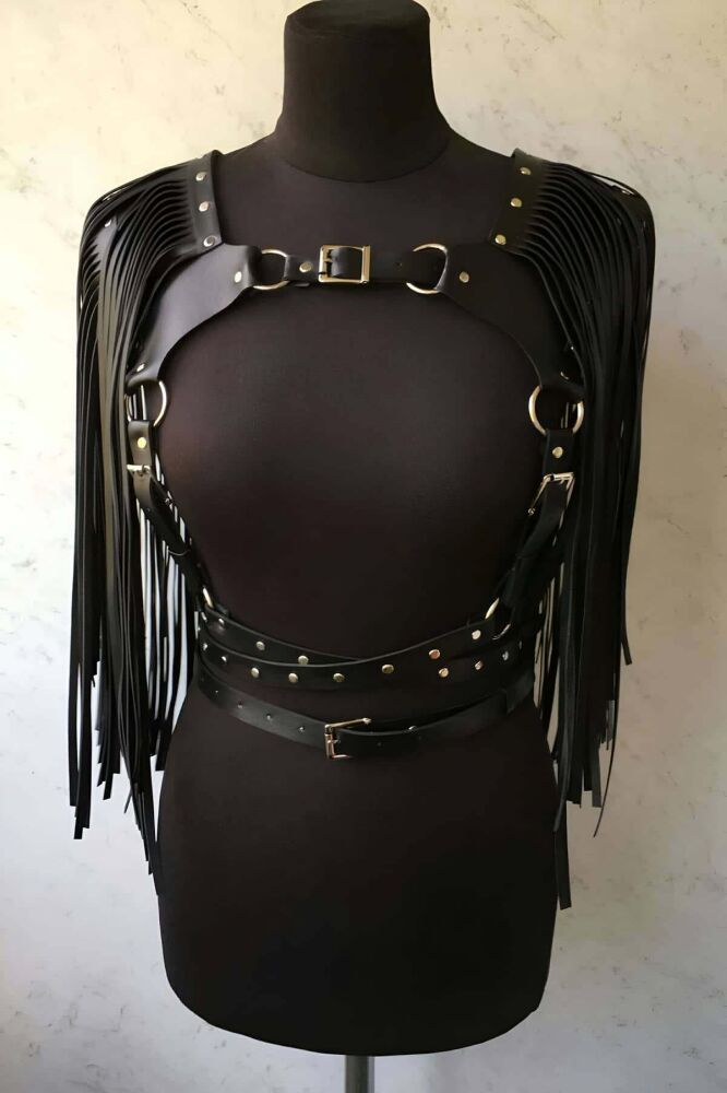 Stylish Tasseled Leather Jacket Harness - 1