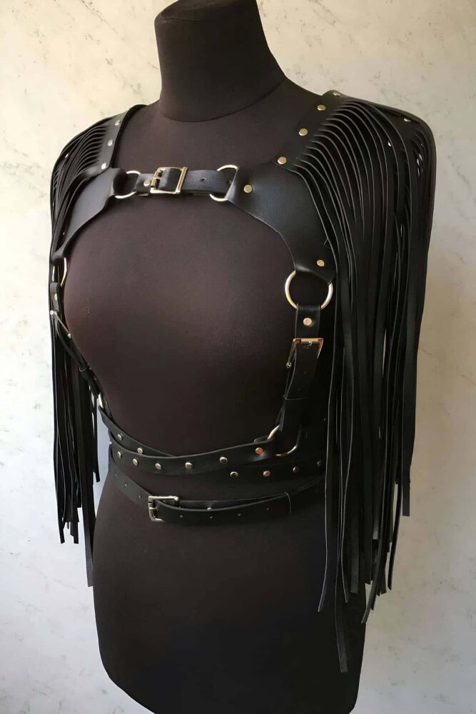 Stylish Tasseled Leather Jacket Harness - 4