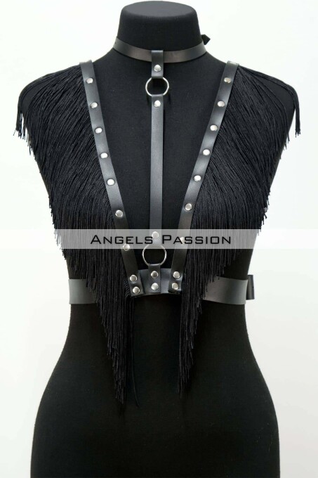 Tassel and Leather Bustier Harness, Tasseled Clubwear, Leather Bustier - 1