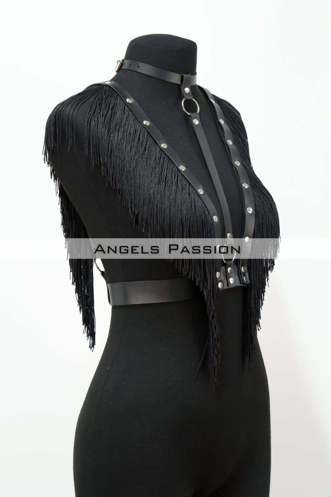 Tassel and Leather Bustier Harness, Tasseled Clubwear, Leather Bustier - 2