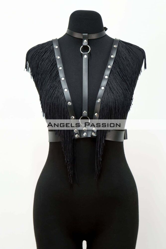 Tassel and Leather Bustier Harness, Tasseled Clubwear, Leather Bustier - 3