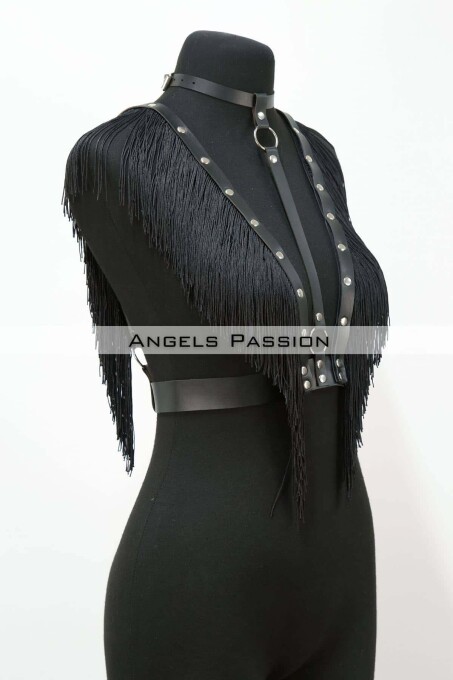 Tassel and Leather Bustier Harness, Tasseled Clubwear, Leather Bustier - 4