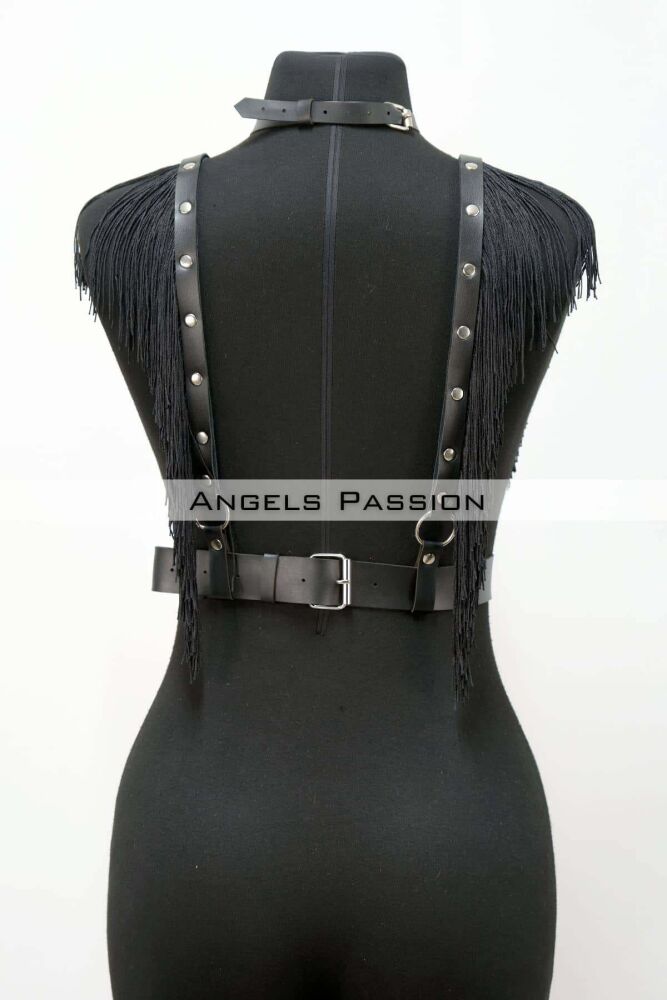 Tassel and Leather Bustier Harness, Tasseled Clubwear, Leather Bustier - 5