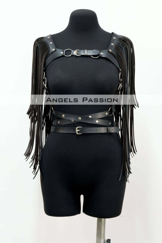 Tassel Detailed Leather Chest Harness, Leather Harness Tassel Jacket - 3