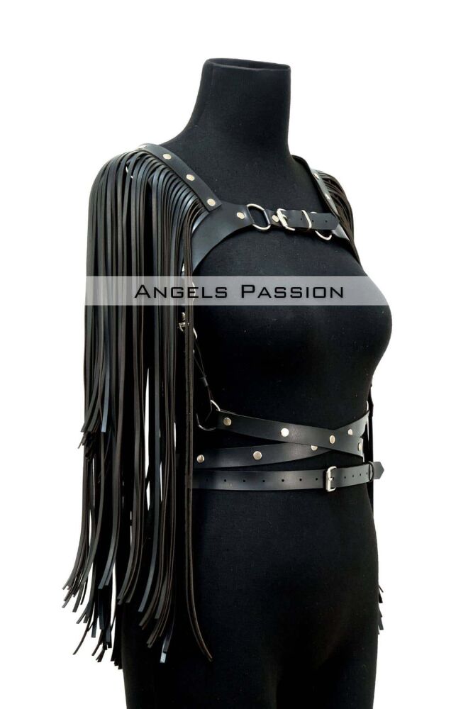 Tassel Detailed Leather Chest Harness, Leather Harness Tassel Jacket - 4