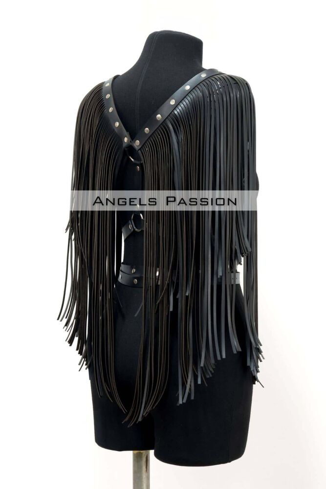 Tassel Detailed Leather Chest Harness, Leather Harness Tassel Jacket - 5