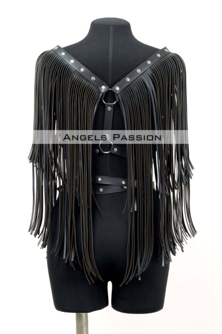 Tassel Detailed Leather Chest Harness, Leather Harness Tassel Jacket - 6