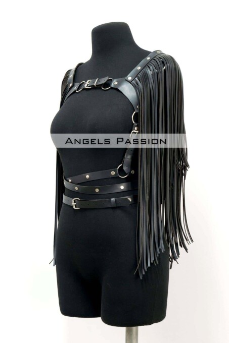 Tassel Detailed Leather Chest Harness, Leather Harness Tassel Jacket - 7