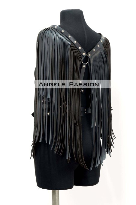 Tassel Detailed Leather Chest Harness, Leather Harness Tassel Jacket - 8