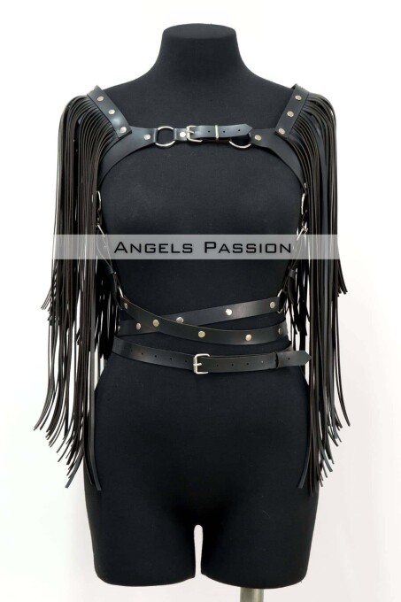 Tassel Detailed Leather Chest Harness, Leather Harness Tassel Jacket - 9