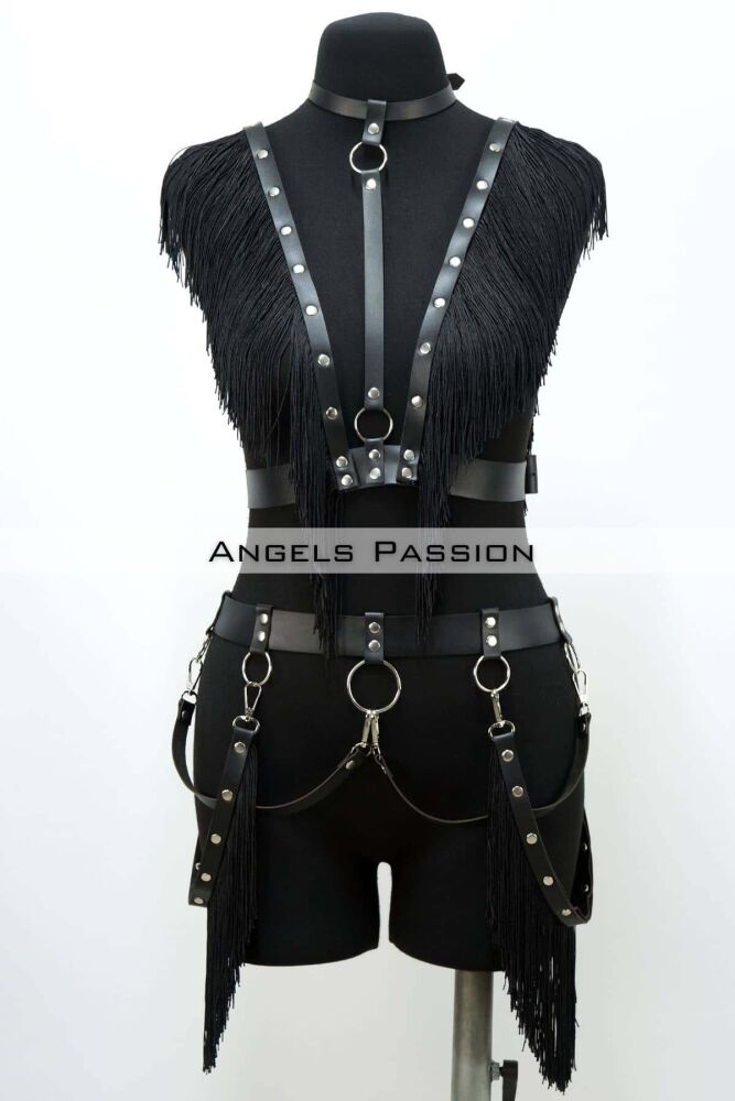 Tasseled Leather Harness Suit, Tasseled Dress Accessory - 1