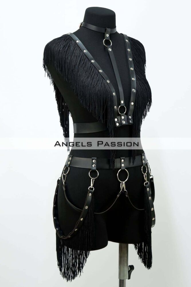 Tasseled Leather Harness Suit, Tasseled Dress Accessory - 2