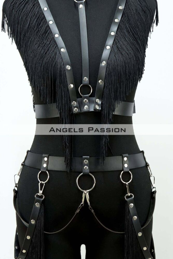 Tasseled Leather Harness Suit, Tasseled Dress Accessory - 3